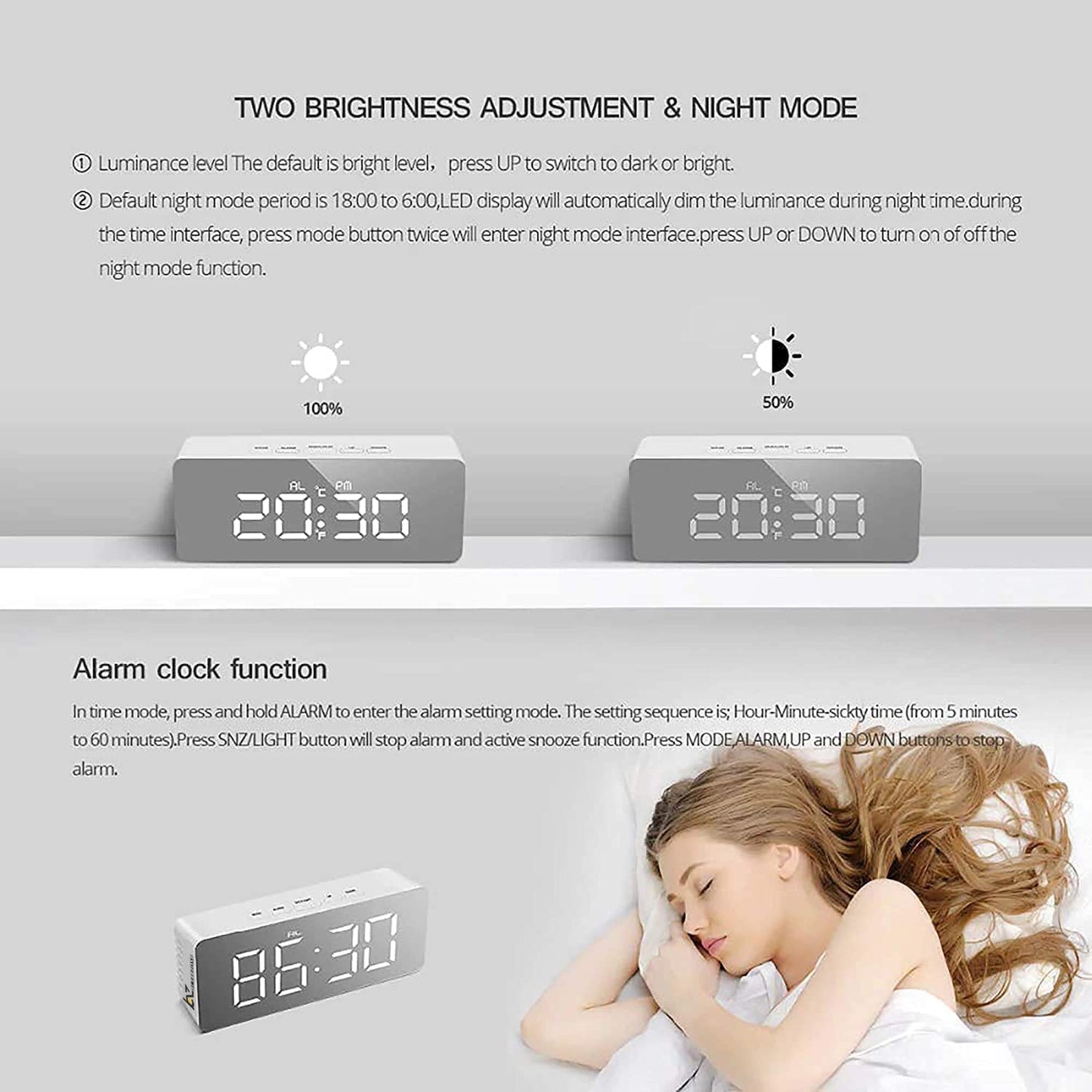 Digital Mirror Clock, Alarm Clock Table