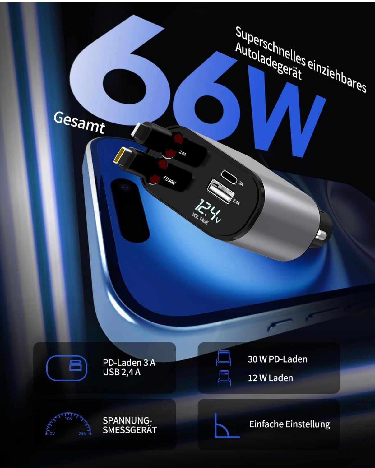 Retractable Car Charger - 120Watt - 4 in 1 Type C & Lightning Support