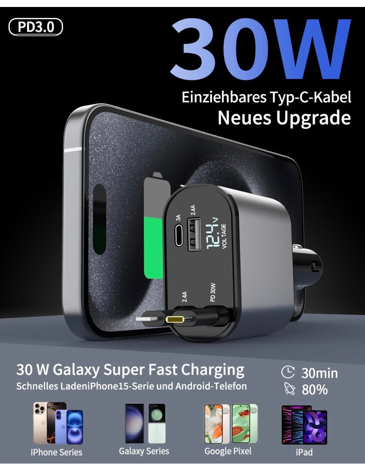 Retractable Car Charger - 120Watt - 4 in 1 Type C & Lightning Support