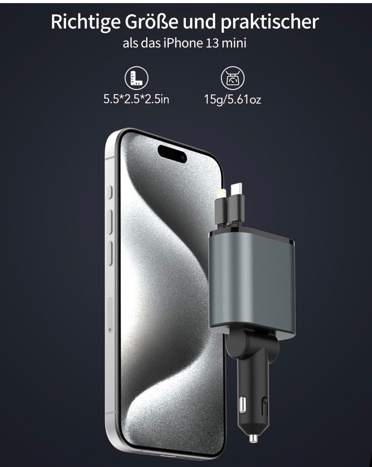 Retractable Car Charger - 120Watt - 4 in 1 Type C & Lightning Support