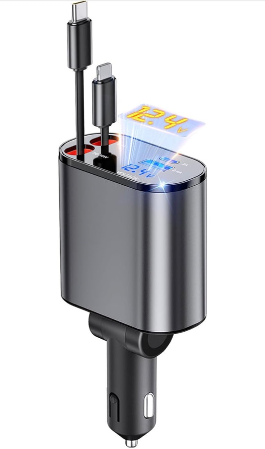 Retractable Car Charger - 120Watt - 4 in 1 Type C & Lightning Support