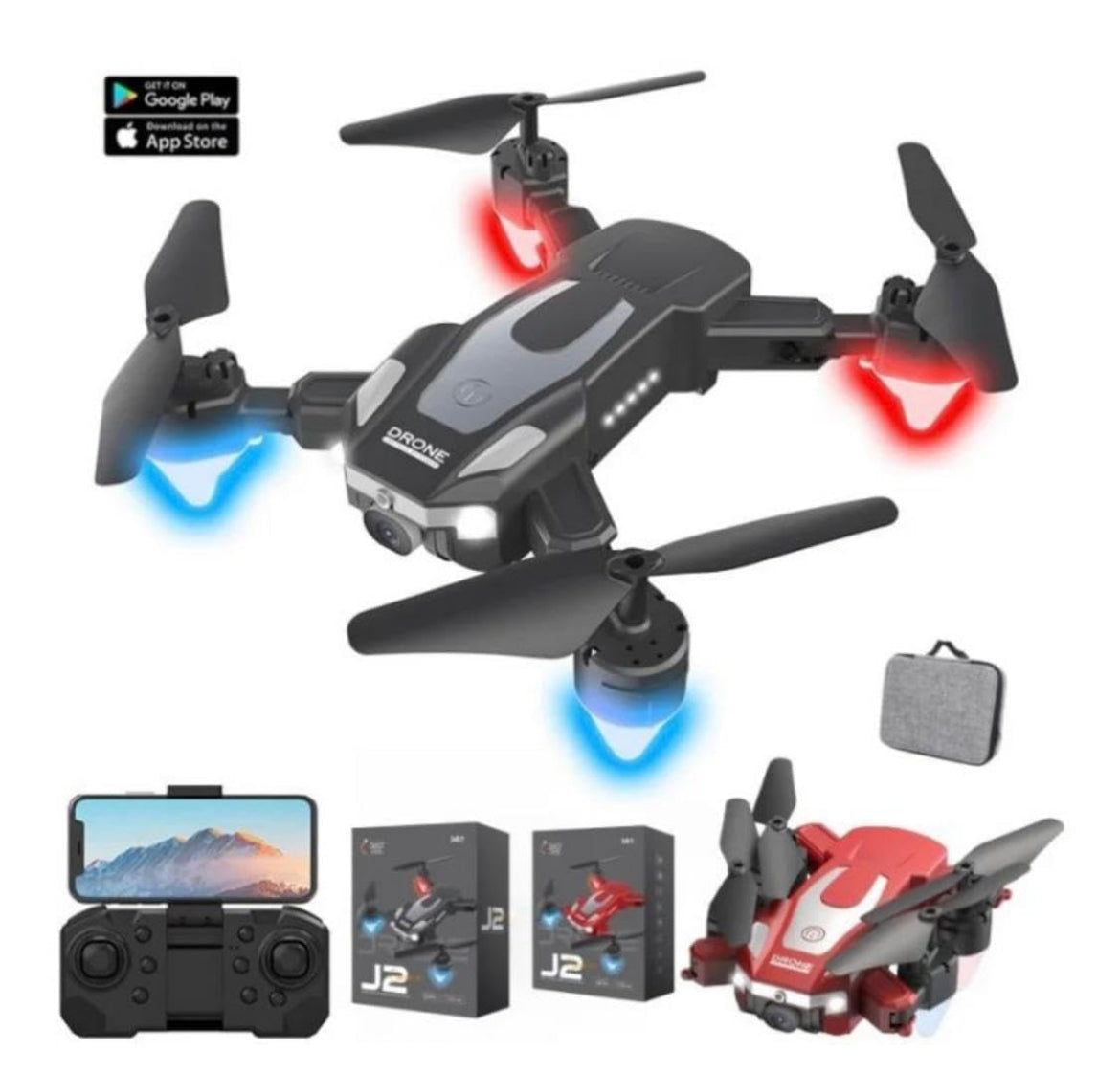 Remote Control Drone Toy for Kids with Built-in LED Lights and Dual HD Camera and Extra 1800mAh Battery (Model No. J2-RED)